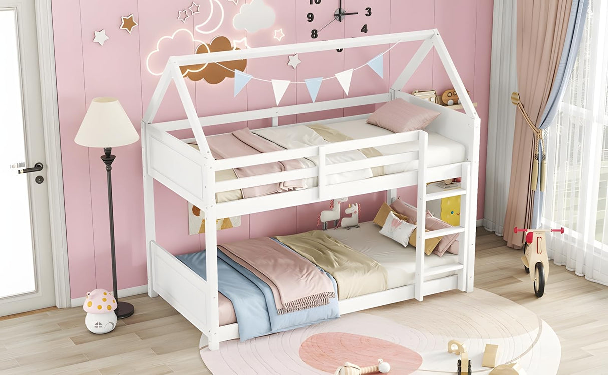 Twin Over Twin House Floor Bunk Bed, Wooden Bunk Bed with Headboards, Footboards, Guardrails and Ladder, Space-Saving Design, Safety Guaranteed, White