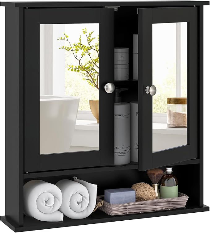 Bathroom Cabinet, Wall Mount Storage Cabinet with Double Mirror Doors