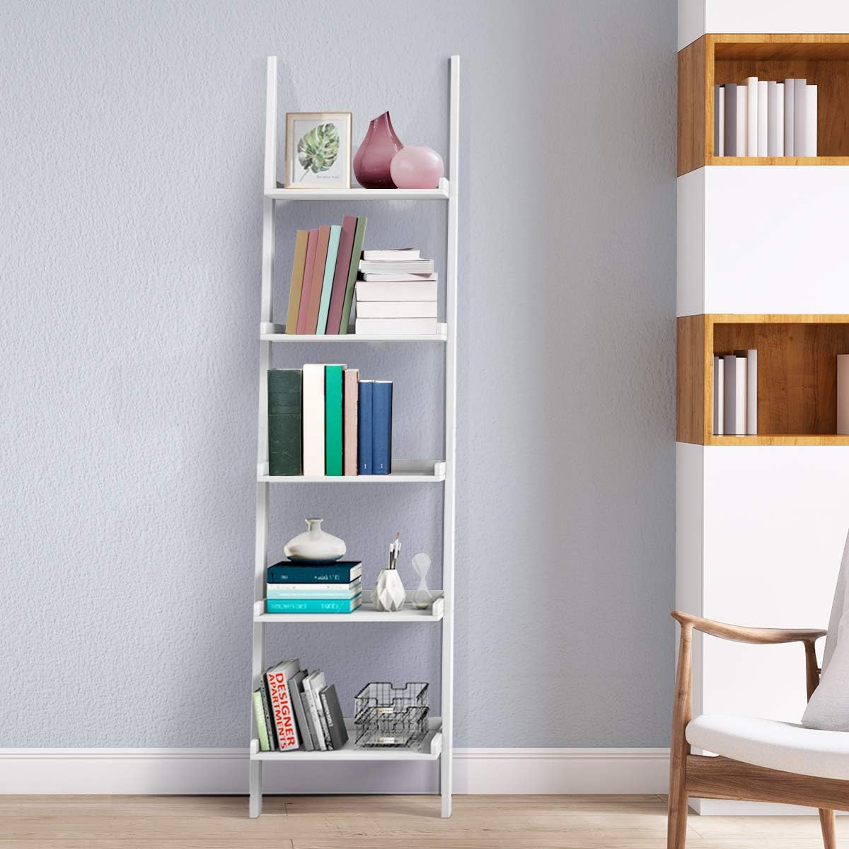 FANTASK White Ladder Shelf, Elegant 5-Tier Leaning Bookshelf, Wood Plant Flower Stand, Stable Storage Rack Shelves for Living Room, Office, Kitchen, Home