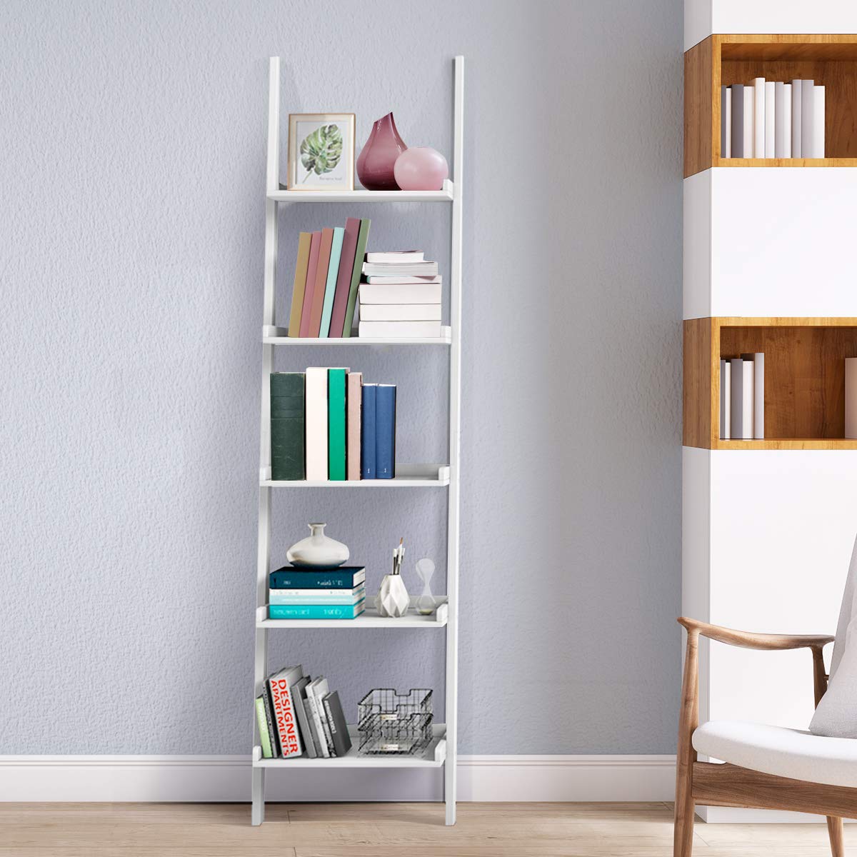 FANTASK White Ladder Shelf, Elegant 5-Tier Leaning Bookshelf, Wood Plant Flower Stand, Stable Storage Rack Shelves for Living Room, Office, Kitchen, Home