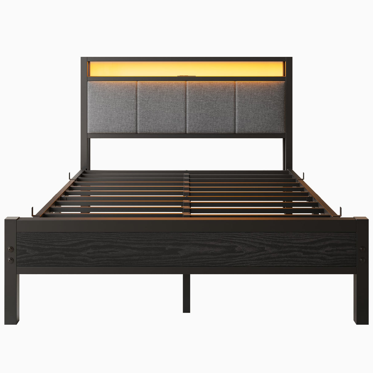 Full Size Bed Frame with LED Lights and Charging Station, Heavy Duty Metal Bed