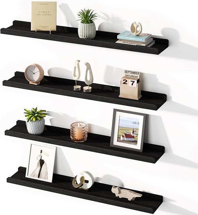 White Floating Shelves for Wall Set of 4, Wood Wall Shelves with Lip