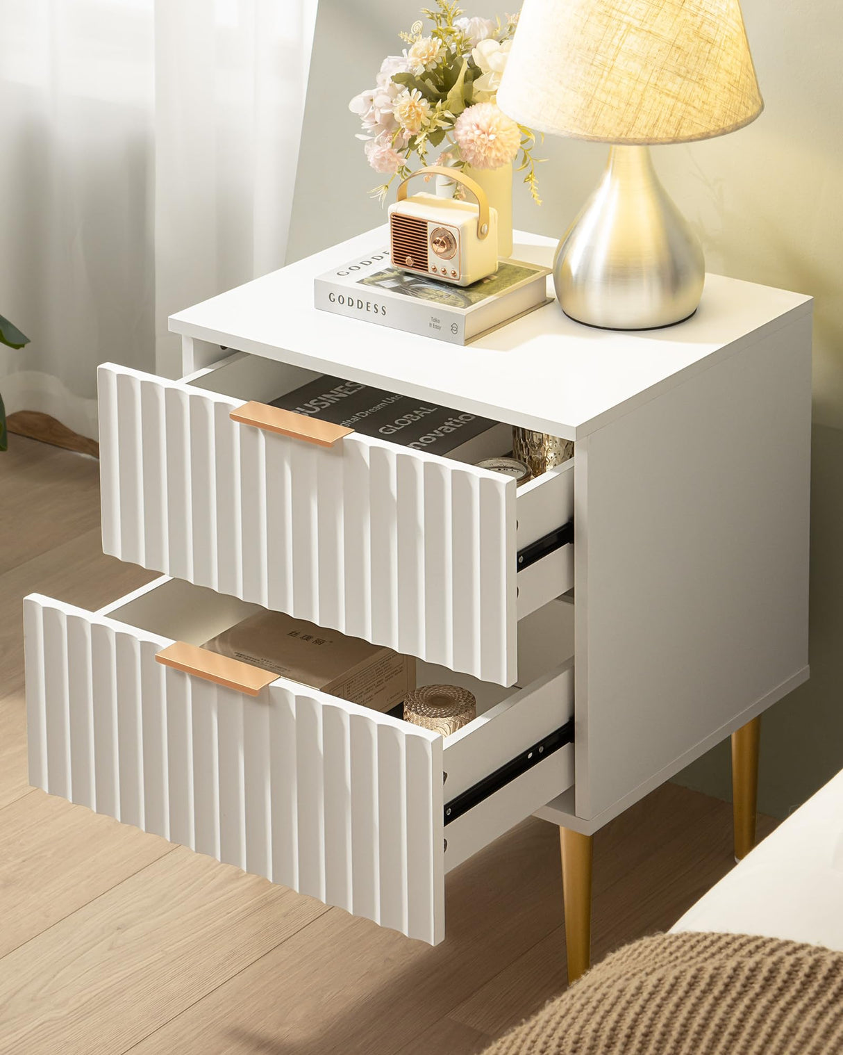 White Night Stand Set 2, Wide Fluted Nightstand