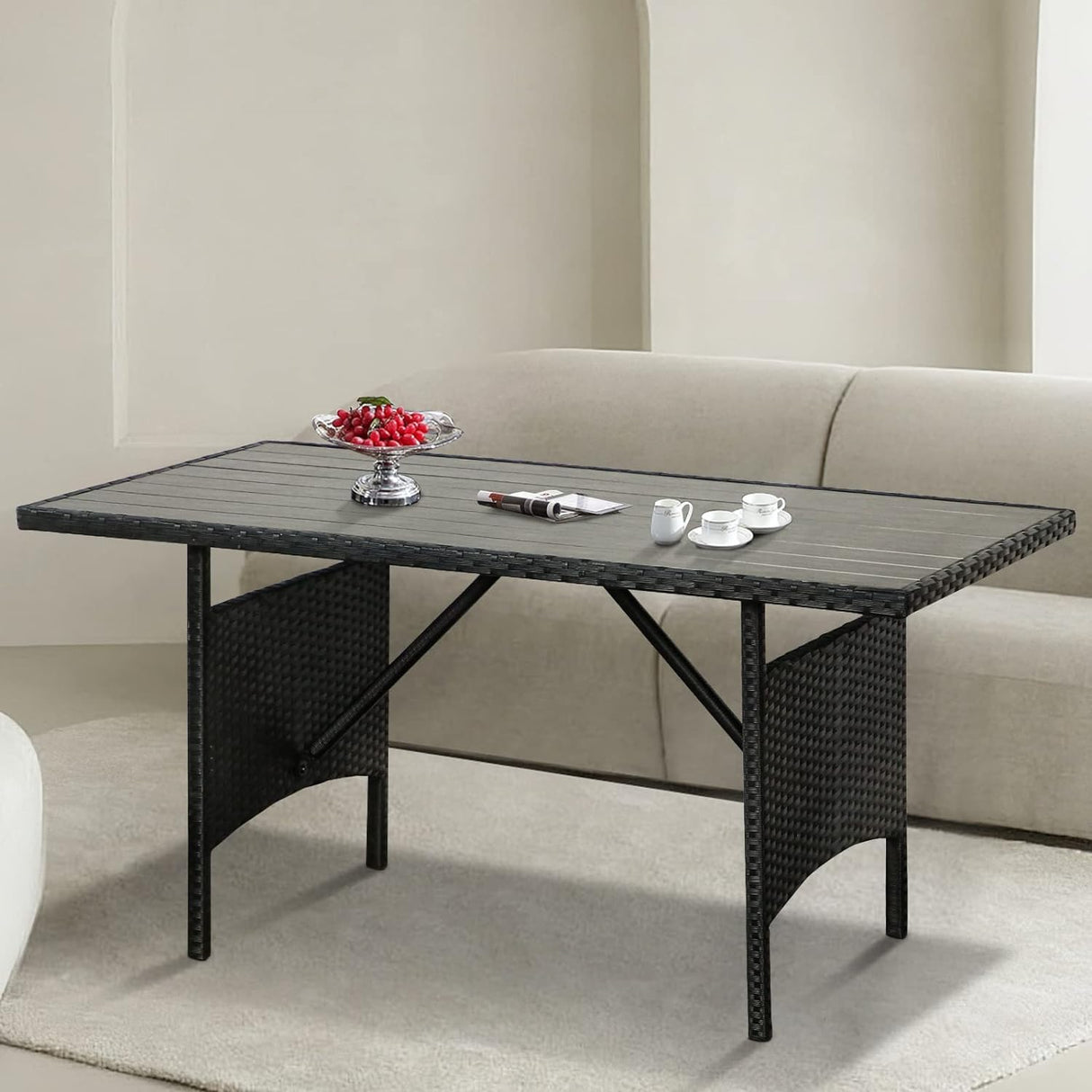 Wicker Outdoor Dining Table, 54” Metal Frame Table for Patio Furniture