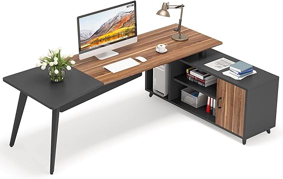 L-Shaped Executive Computer Desk – 78.74" Large Office Desk with File Cabinet