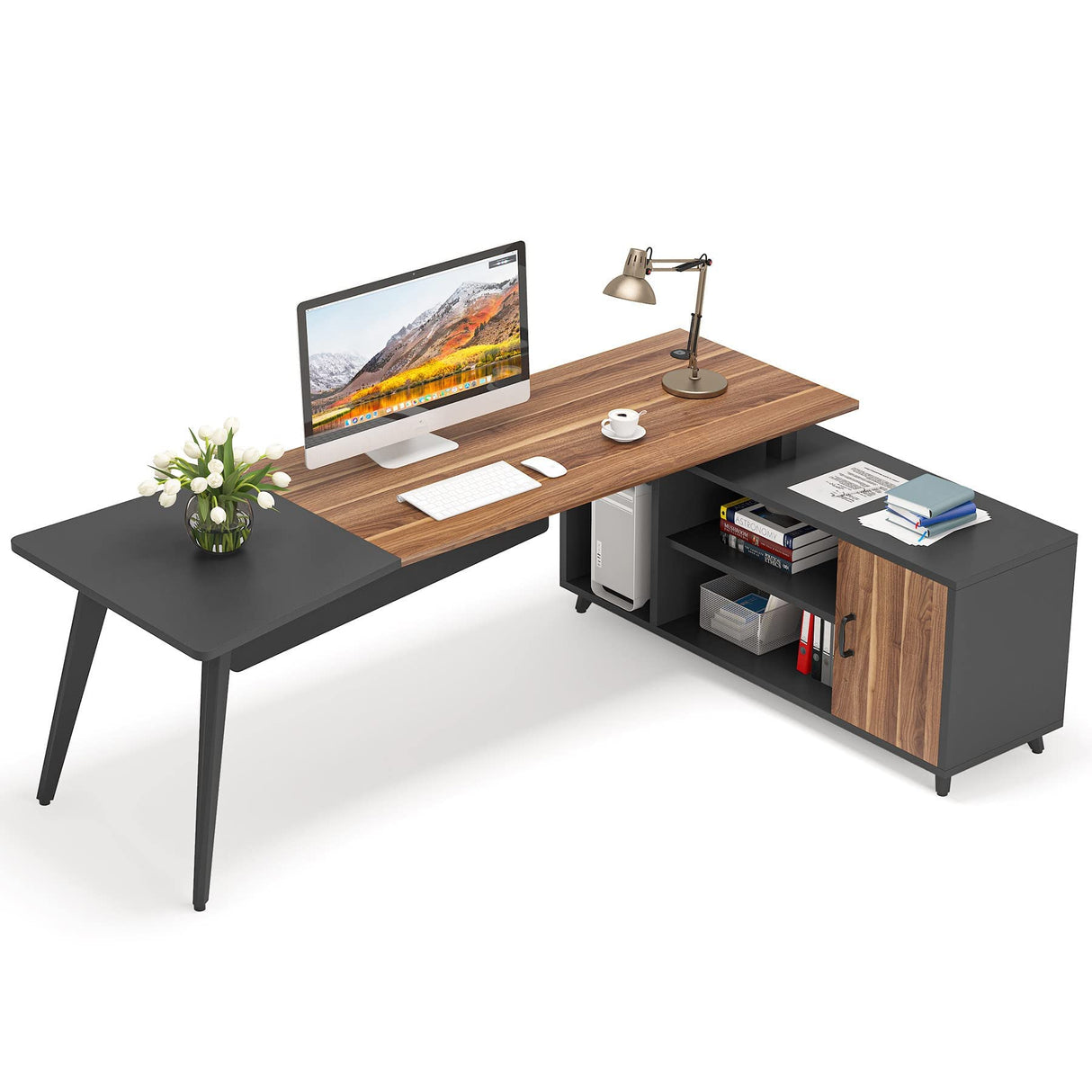 L-Shaped Executive Office Desk – 78.74” with File Cabinet & Storage