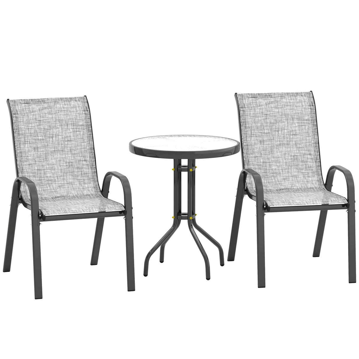 3 Pieces Outdoor Bistro Set, Small Patio Set with Stackable Mesh Chairs and Glass T