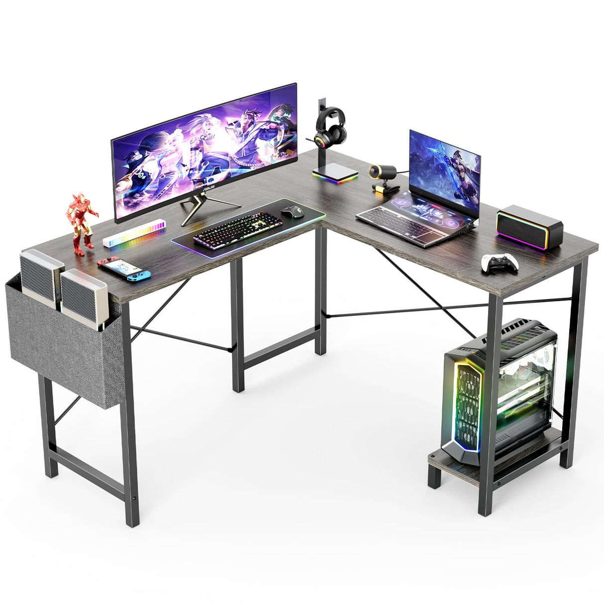 L Shaped Computer Desk Wood Corner PC Gaming Table with Side Storage Bag for Home