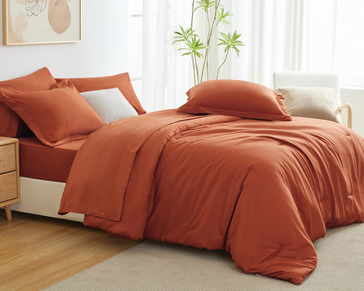 Queen Comforter Set Burnt Orange, 7 Pieces Bed in a Bag Terracotta