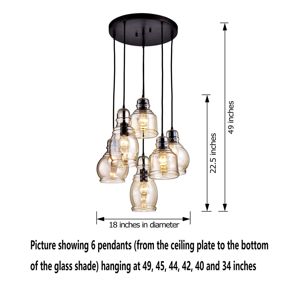 Jojospring Mariana Antique Black Cognac Glass 6-Light Cluster Pendant Chandelier with Round Base