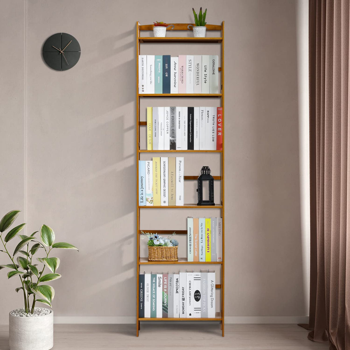 Tall 6 Tier Bookshelf, Bamboo Multifunction Free-Standing Narrow Storage Bookcase Display Shelf in Living Romm Home Office, Natural