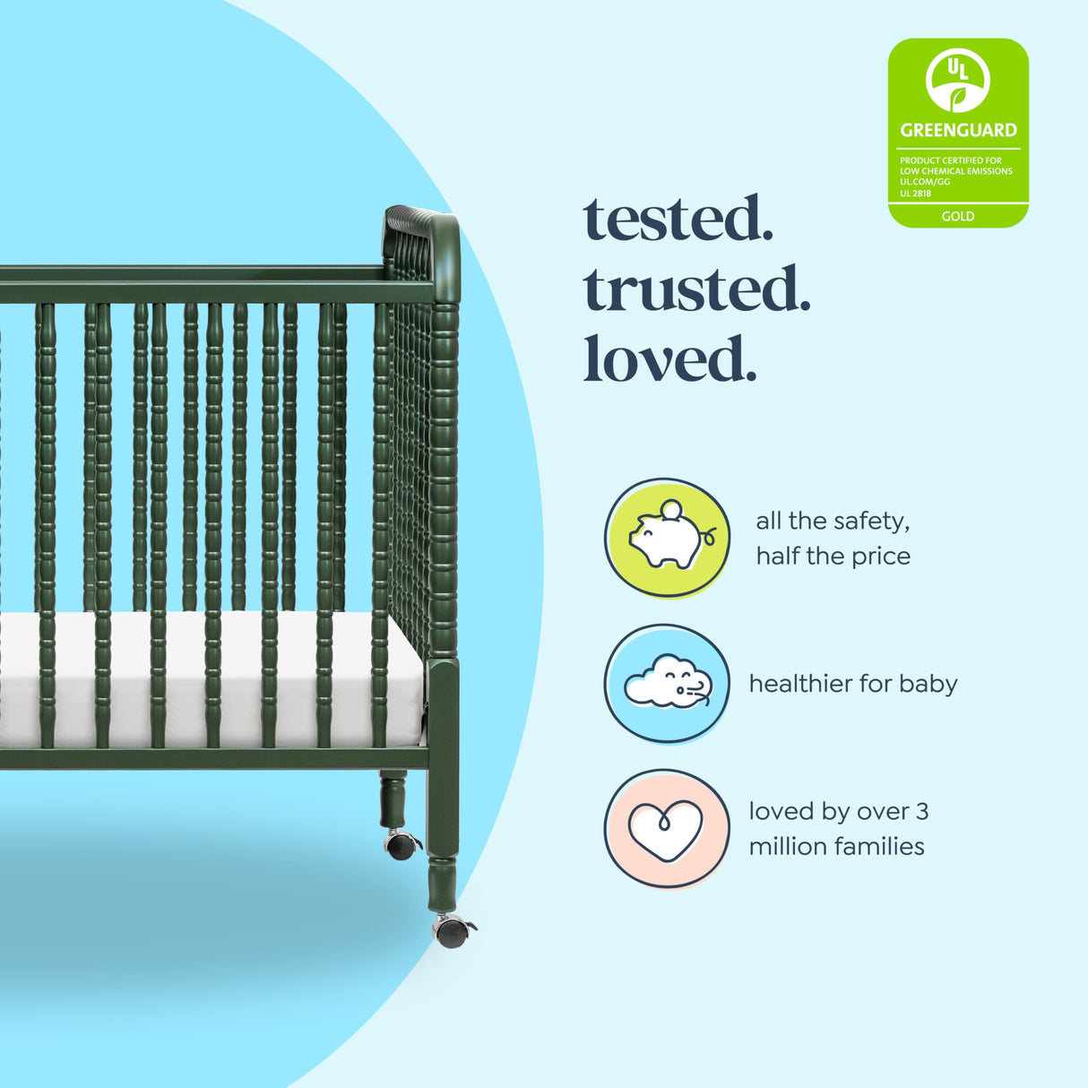 Lind 3-in-1 Convertible Crib in Forest Green, Removable Wheels, Greenguard Gold