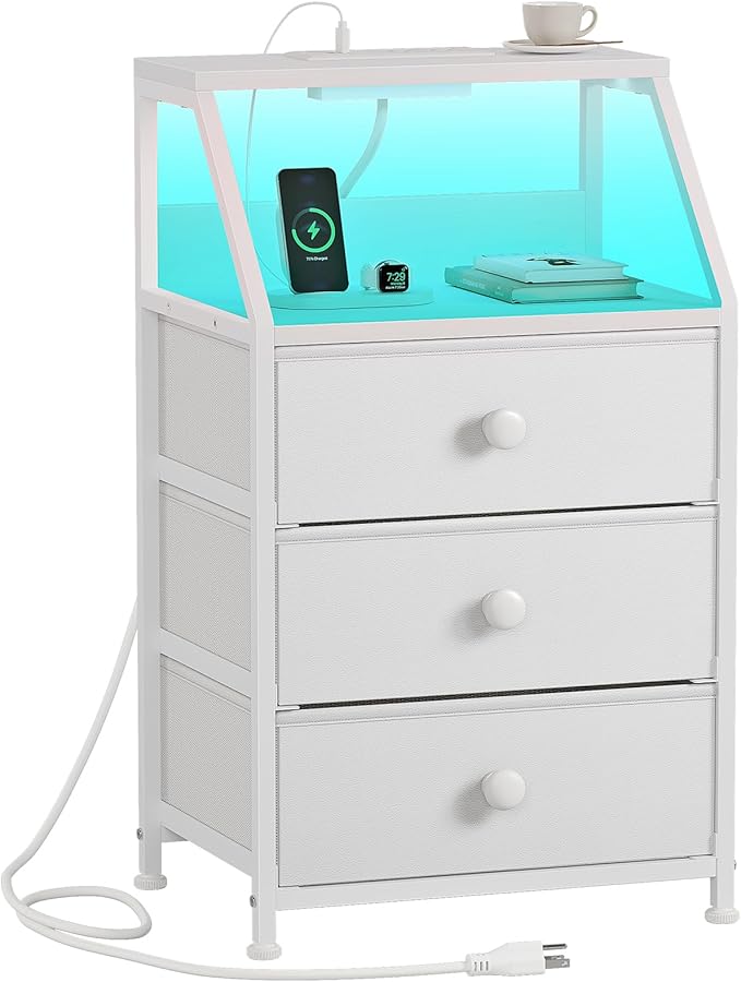 Charging Station and Led Light, Tall Brown Bedside Table