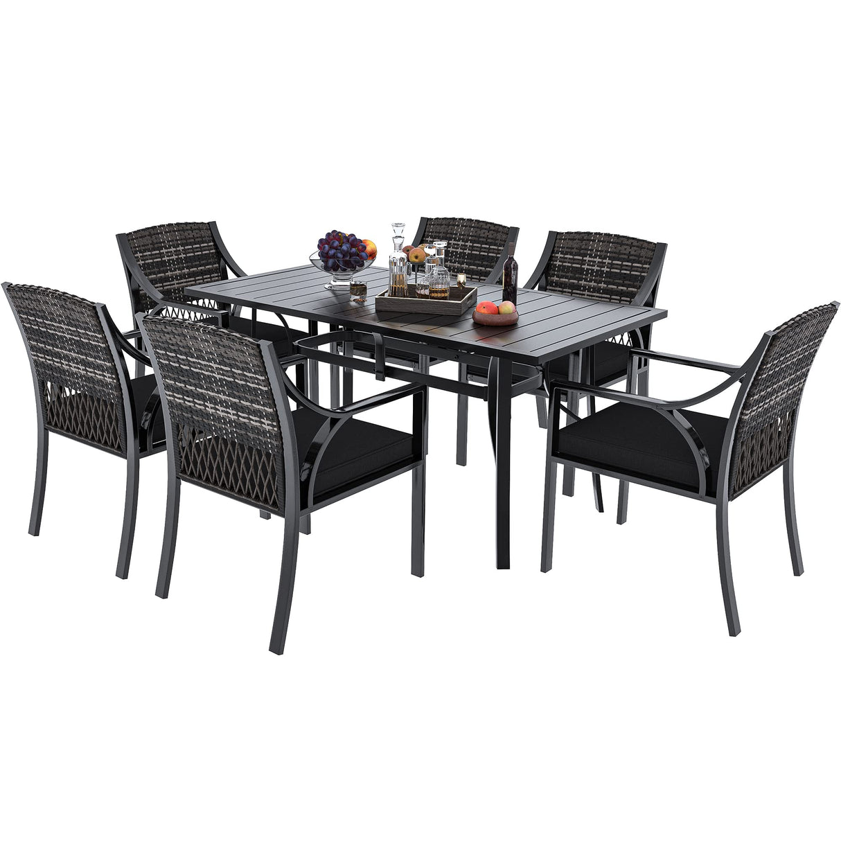 7 Piece Patio Dining Set, Outdoor Patio Wicker Dining Table Furniture Set with All Iron