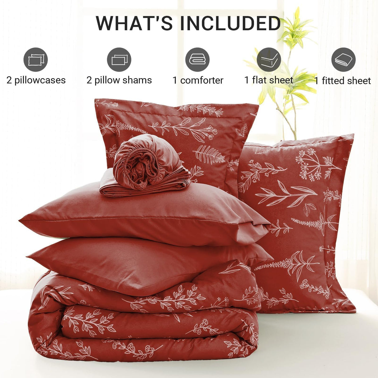 Terracotta Bed in a Bag Queen 7 Pieces, Queen Comforter Set Reversible Botanical Flowers Design,