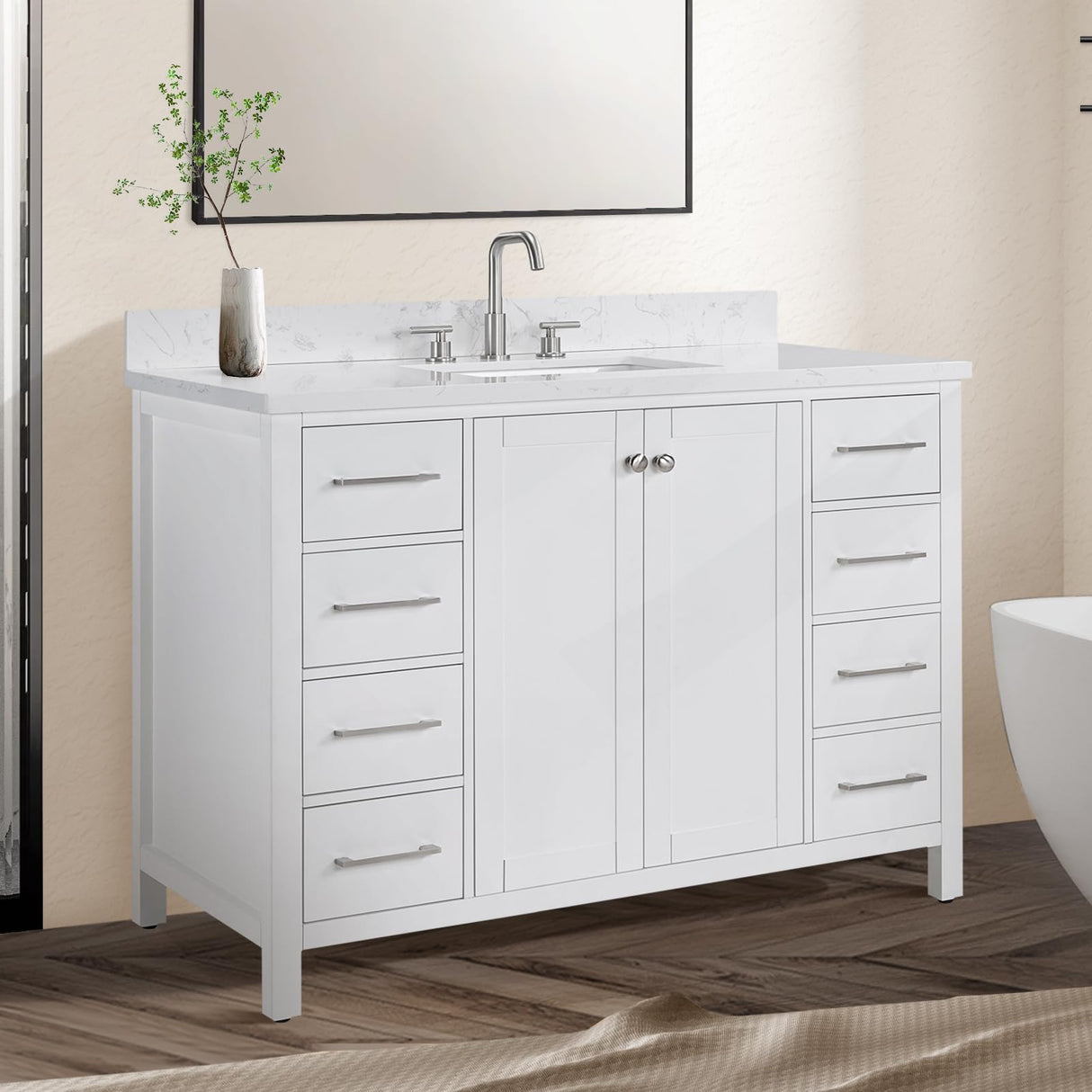 48’’White Bathroom Vanity with Sink,Solid Wood Bathroom Cabinet with Carrara