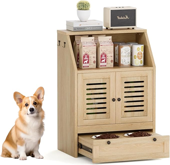 Dog Feeding Station with Storage Cabinet & 2 Raised Bowls