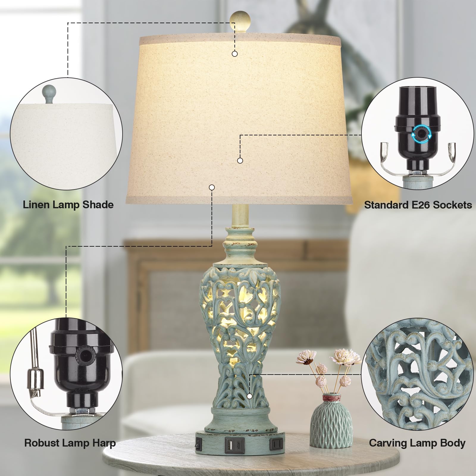 Rinweey Farmhouse Table Lamps Set of 2 with Nightlight, Coastal Bedside Lamps with USB A+C Ports & AC Outlet, Blue Vintage Nightstand Lamps for Bedroom Living Room