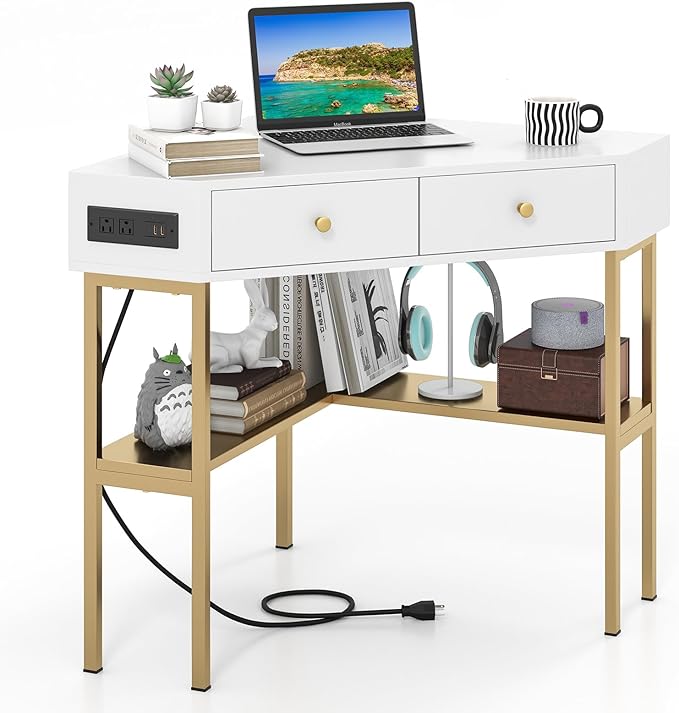 White Corner Desk with 2 Drawers & Built-in Charging Station, 90 Degrees Triangle