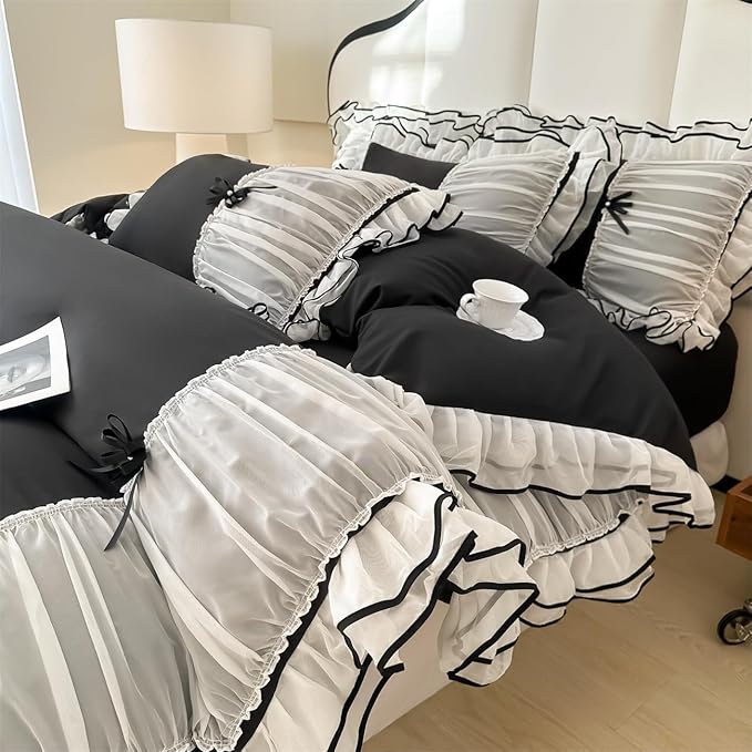 White Duvet Cover Full Size, Ruffle Beddding Set with Bowtie