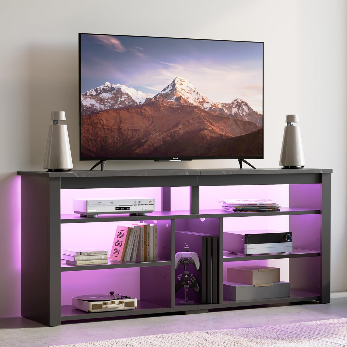 LED Tall Entertainment Center, 55/60/65 inch TV Stand with Storage for PS5 Xbox