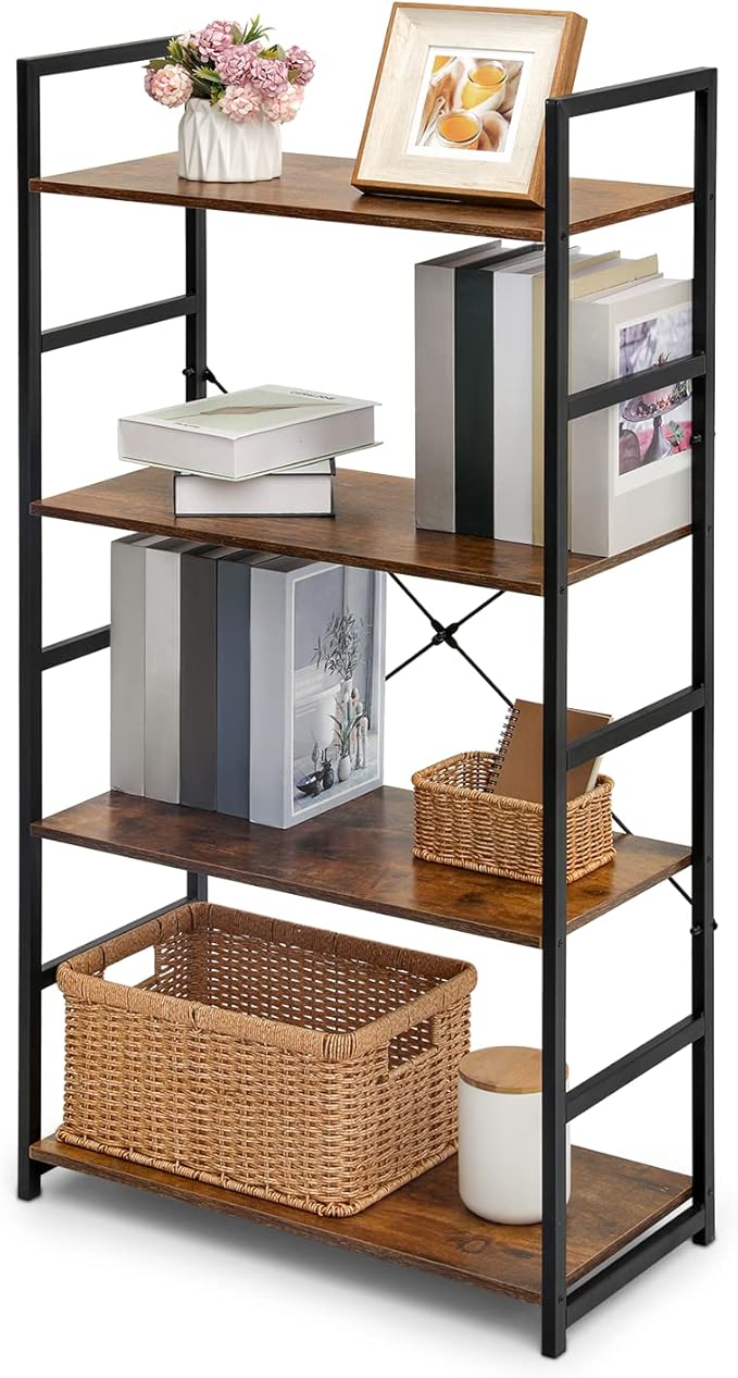 4-Tier Bookshelf, Industrial Bookcase w/Metal Frame Open Back Storage Display Shelves for Living Room Study Room, Rustic Brown