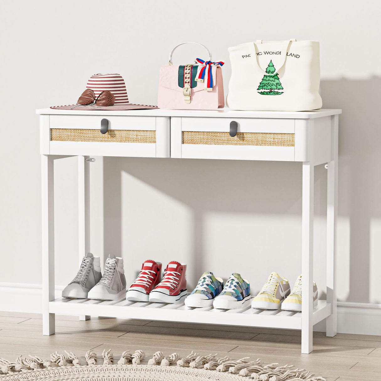 Knowlife Rattan Console Table with Drawers, Entryway Table Sofa Table with Storage Shelf, Narrow Long Behind Couch Table for Entryway, Living Room, Hallway, White