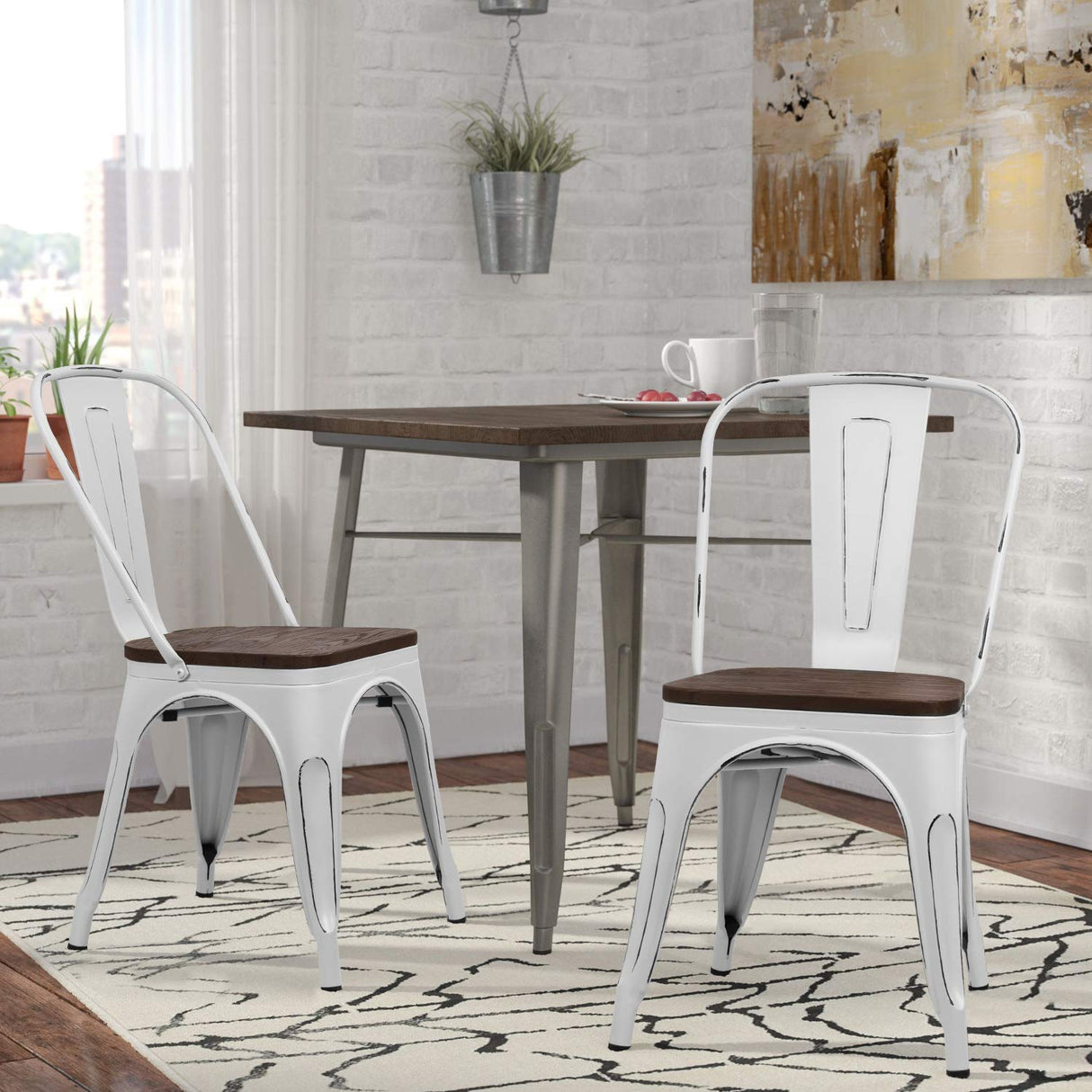 Metal Dining Chairs with Wood Seat, Indoor-Outdoor Use Stackable Chic Dining Bistro
