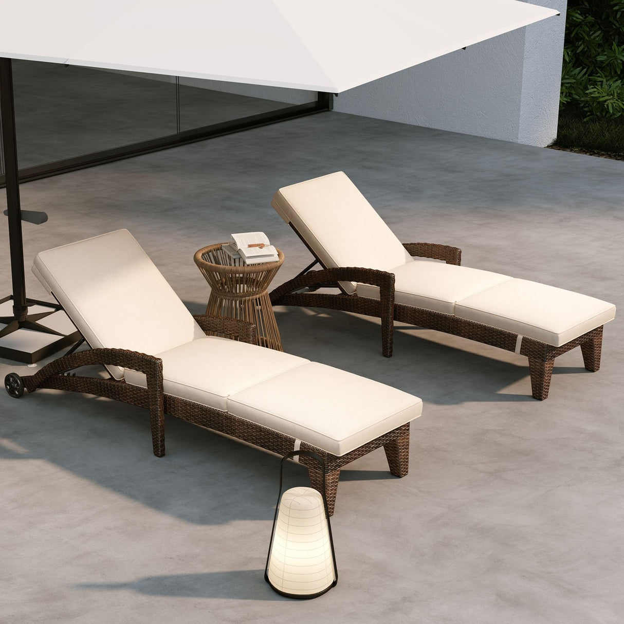 Patio Chaise Lounge Set of 2, Outdoor Wicker Chaise Lounges with Wheels