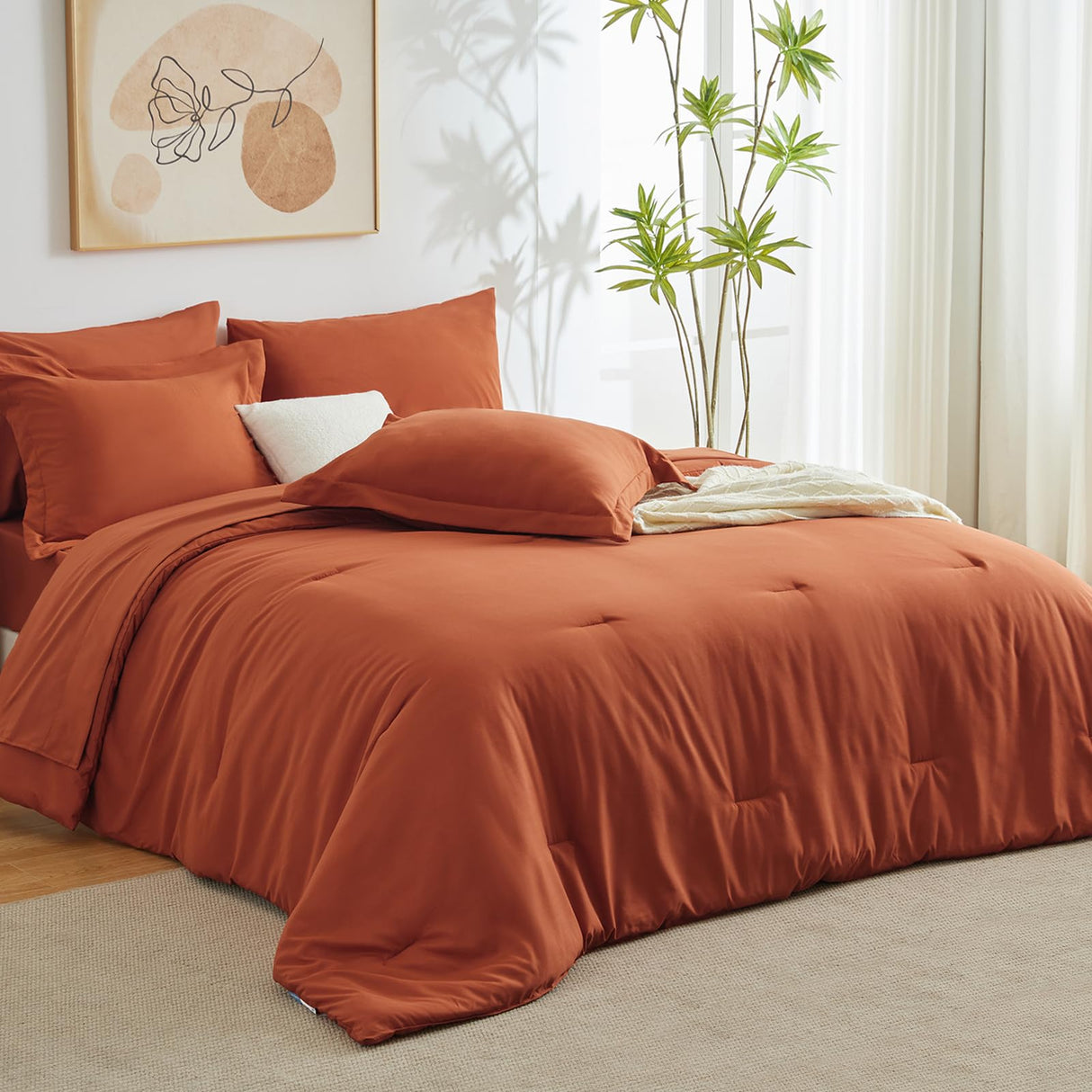 Queen Comforter Set Burnt Orange, 7 Pieces Bed in a Bag Terracotta