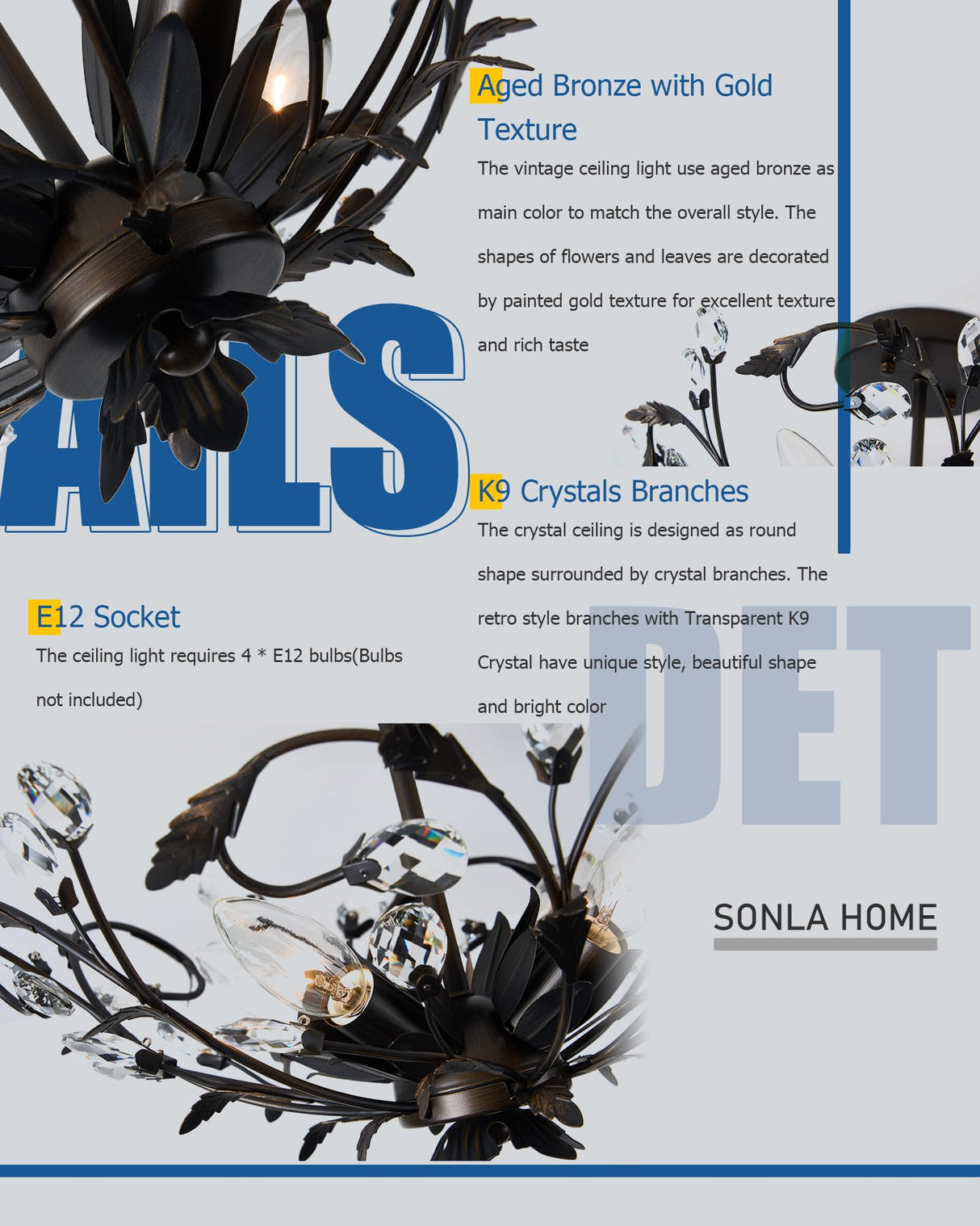 Vintage Crystal Ceiling Light Fixture - 4-Light Black Flush Mount