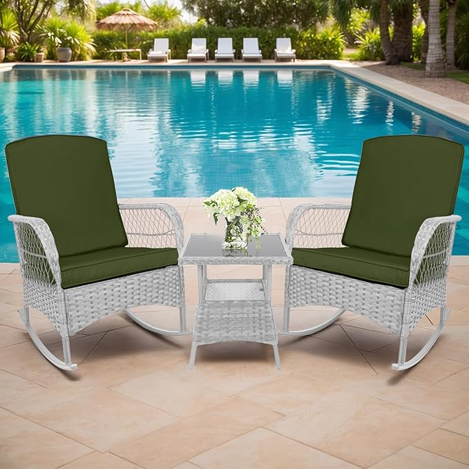 3 pcs Rocking Bistro Set Conversation Chairs PE Wicker Outdoor Rocking Chairs