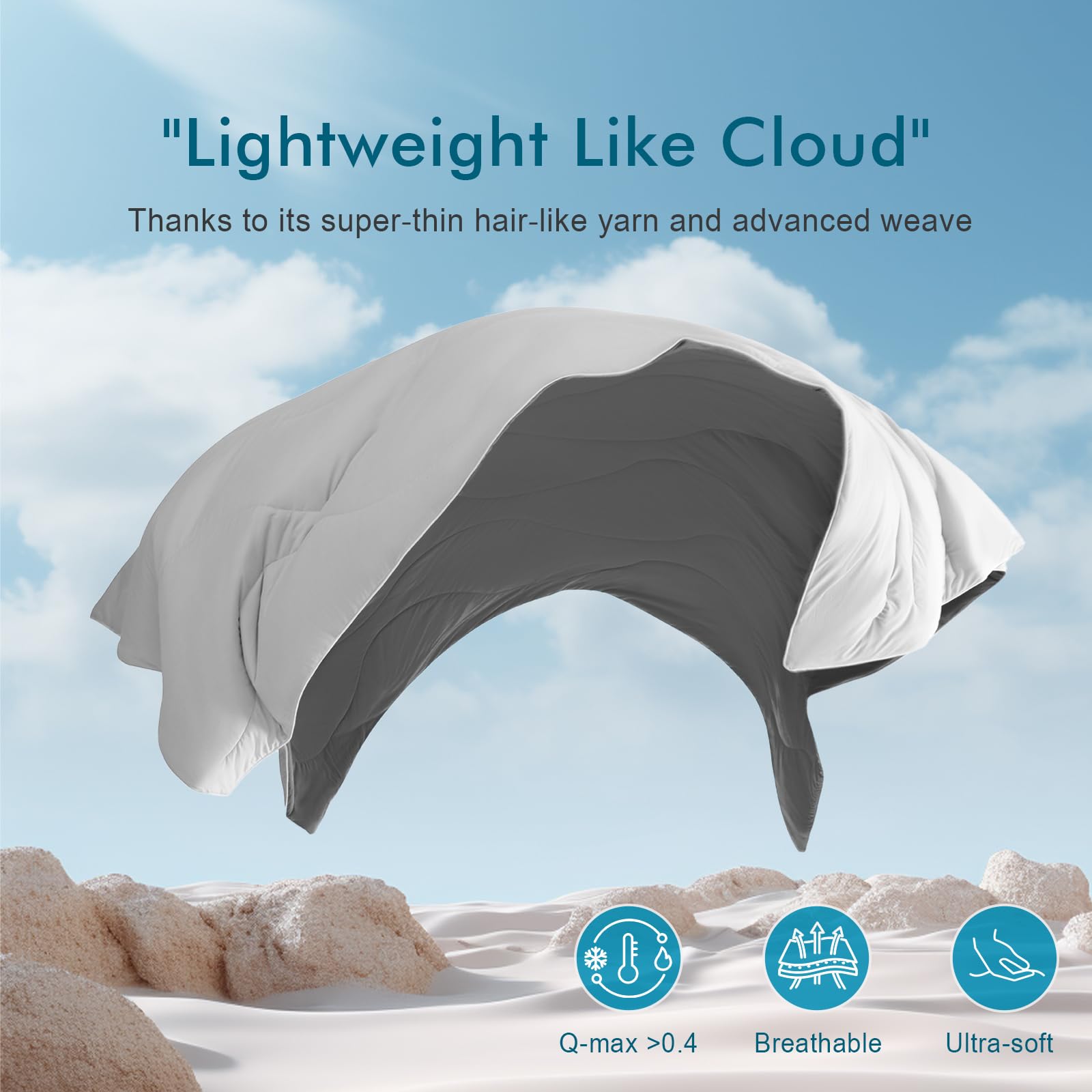 DWR Luxury Cooling Comforter for Hot Sleepers and Night Sweats, Quick Cool Down, Super Breathable Lightweight Blanket with Natural Silk Blend Filling, Q-Max>0.4, King Size 106"x90", Gray