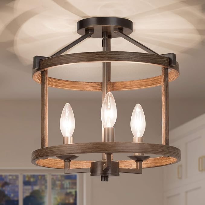 Faux Wood Ring Ceiling Light - Modern Semi Flush Mount Farmhouse Chandelier