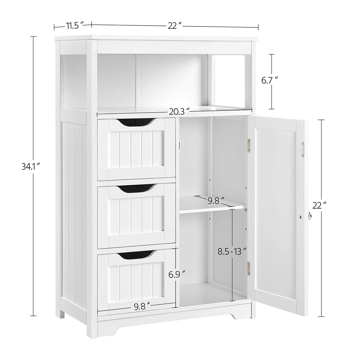 Bathroom Floor Cabinet Wooden Storage Organizer with 1 Door and 3 Drawers, Free-Standing Cupboard