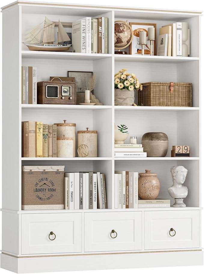 Farmhouse Bookshelf and Bookcase, 47" Wide Bookcase with Drawers, 5 Tier Book Shelves