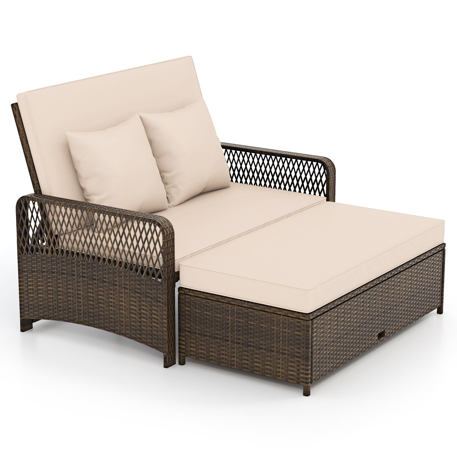 Patio Adjustable Wicker Daybed, Rattan Loveseat & Storage Ottoman w/ 4-Level Backrest