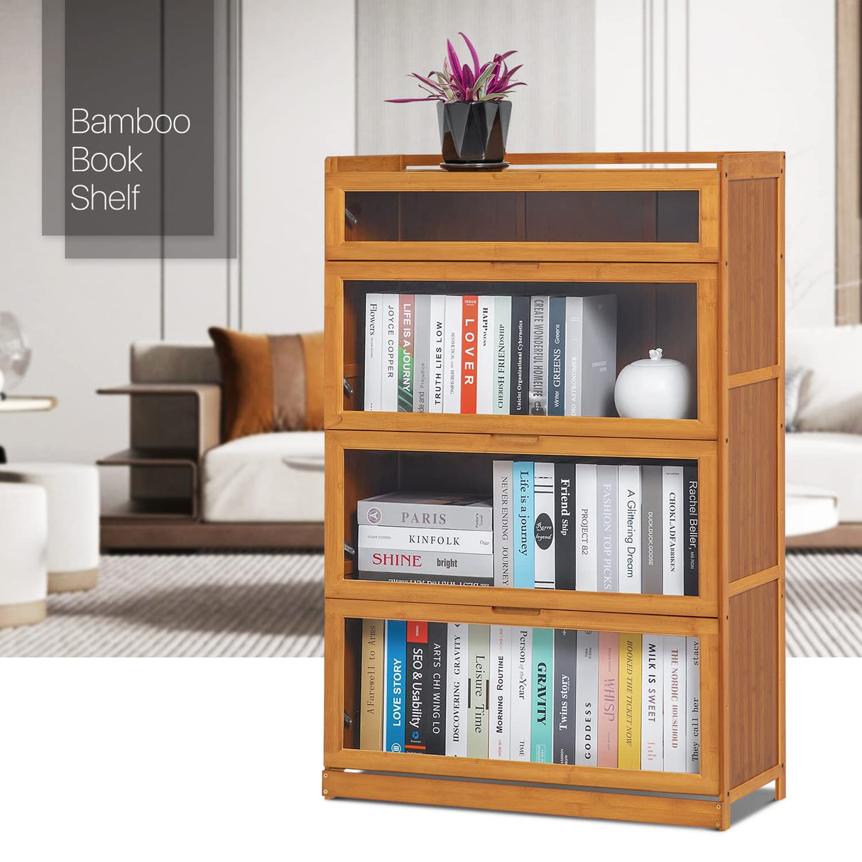 MoNiBloom 4 Tier Book Cabinet with Acrylic Doors Bamboo Display Bookshelf Organizer Stand for Student Room Living Room Home Office, Brown