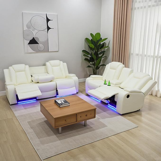 Power Recliner Sofa Sets for Living Room, Leather Recliner Sofa Set with LED Light