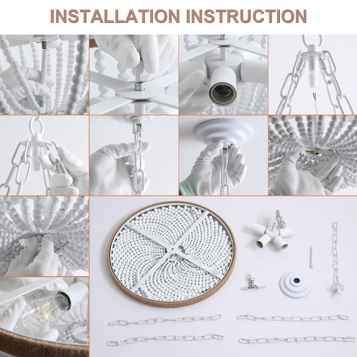 5 Lights White Bohemia Wood Beaded Chandelier, Farmhouse Boho Chandelier Light