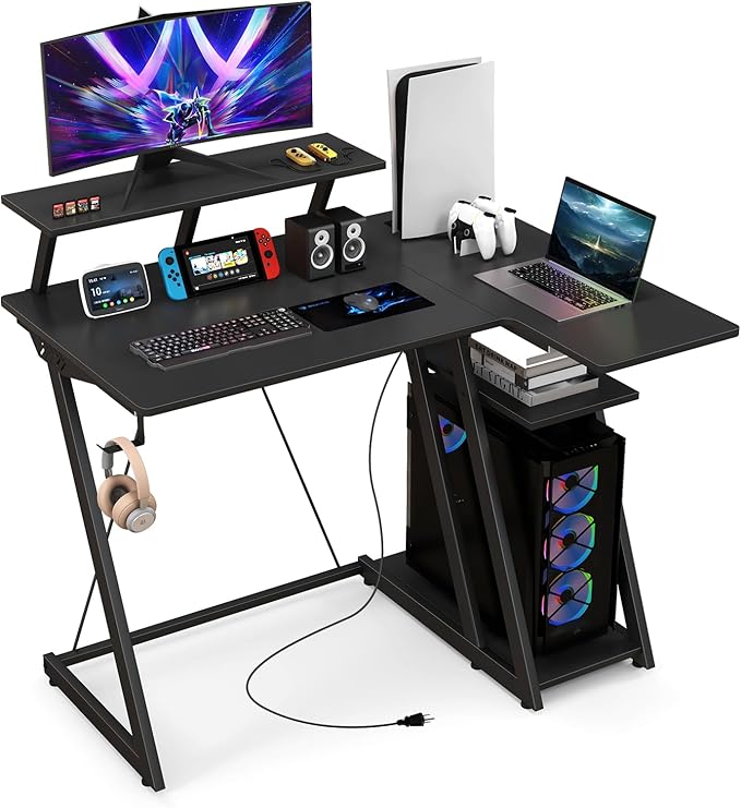 L Shaped Gaming Desk with Power Outlets, Small Gaming Computer Desk 39inch
