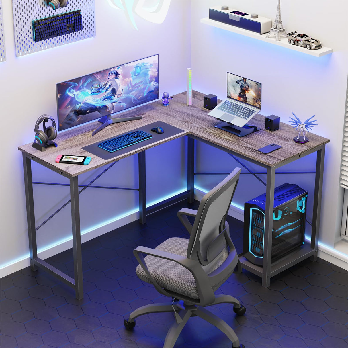 L Shaped Computer Desk Wood Corner PC Gaming Table with Side Storage Bag for Home