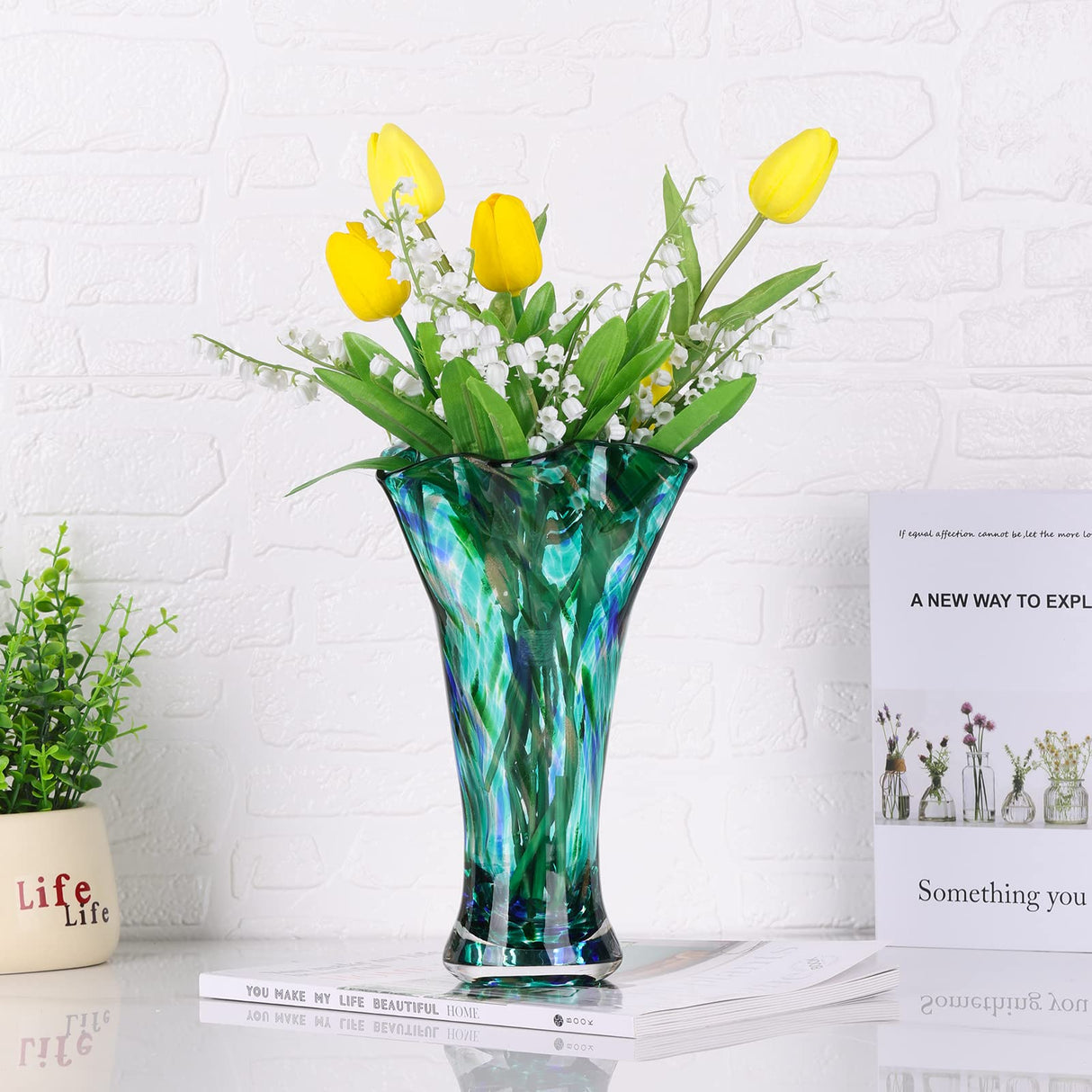 9.0" H Teal Glass Vases for Flowers, Hand Blow Glass Vase Teal Home Decor