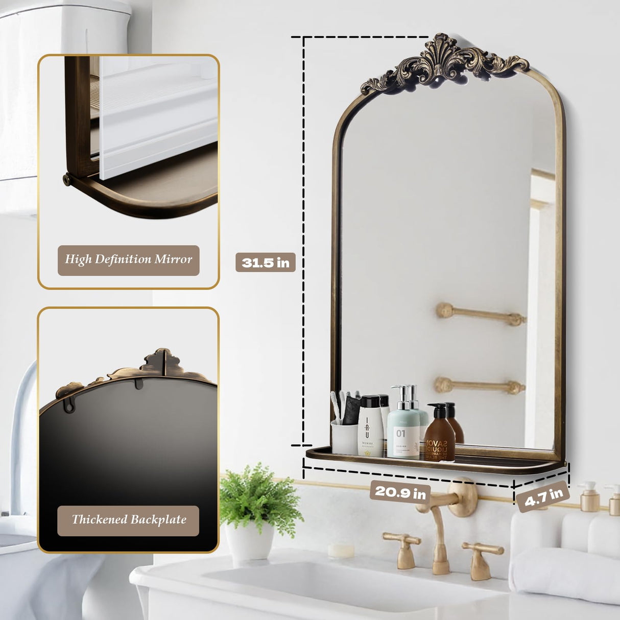 Gold Arch Baroque Mirror with Shelf 20x32