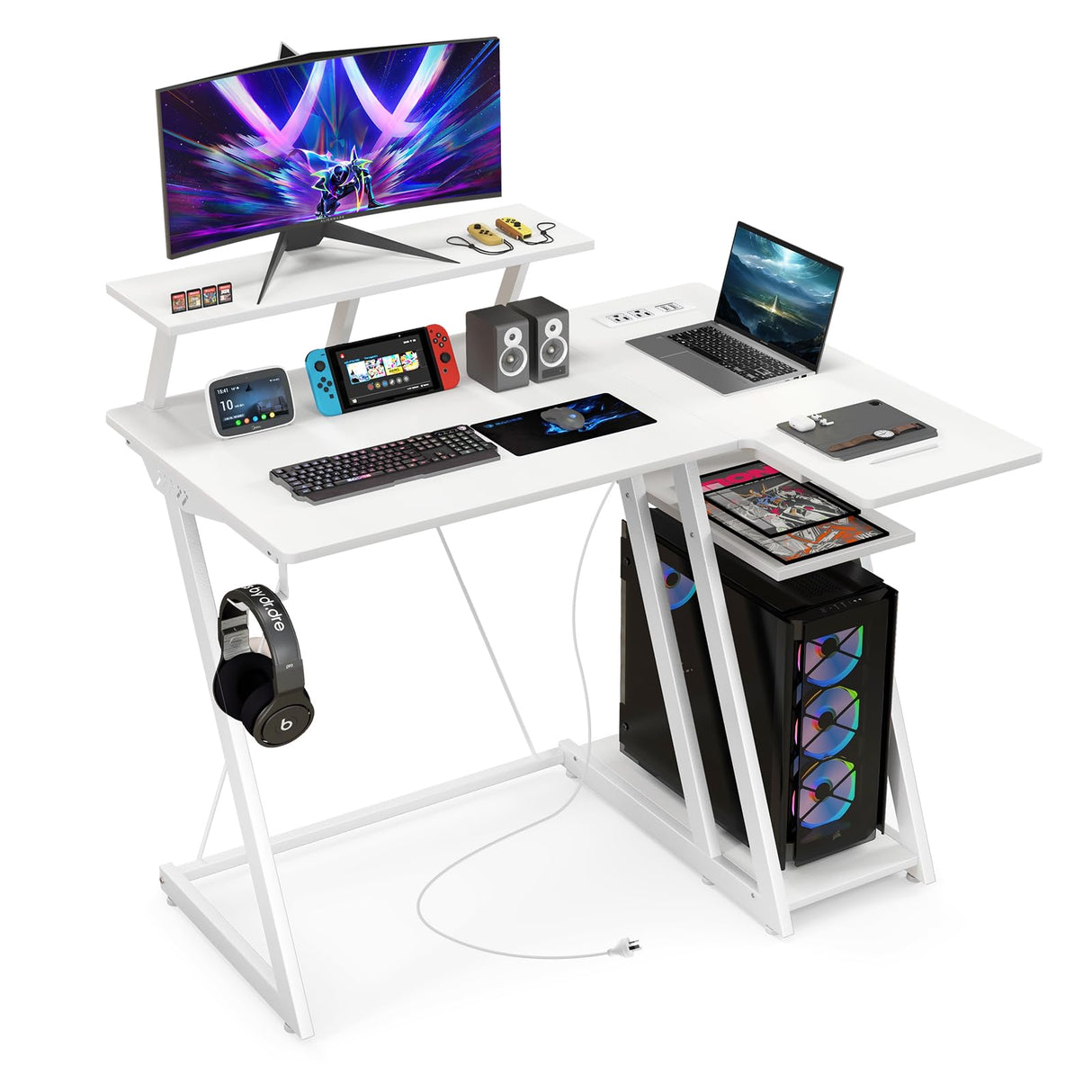 L Shaped Gaming Desk with Power Outlets, Small Gaming Computer Desk 39inch