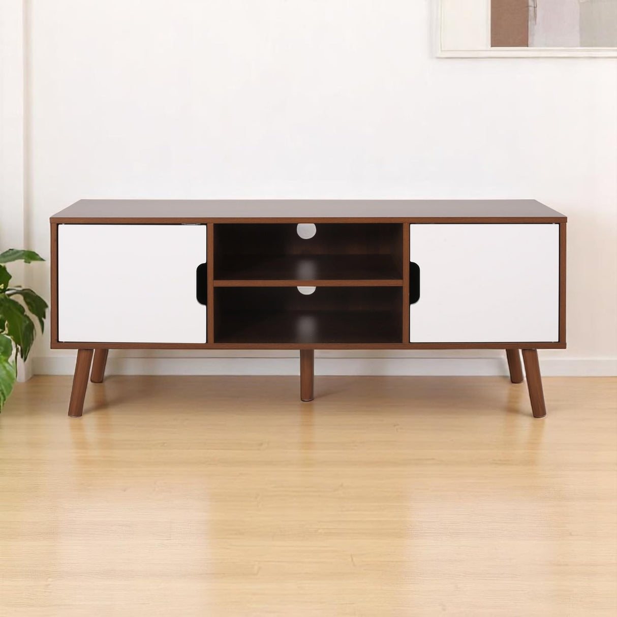 Mid-Century Modern TV Stand, Wood TV Console with 3 Drawers and Pine Splayed Legs