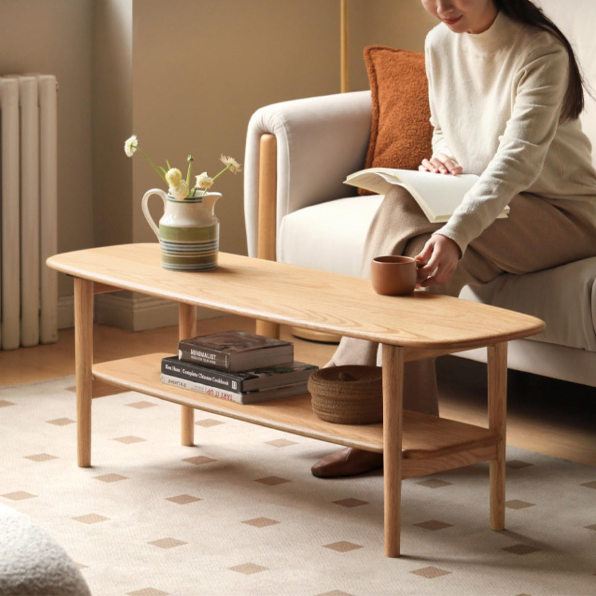 100% Solid Oak Wood Coffee Table - 2-Tiers Coffee Table with Open Shelf Living Room