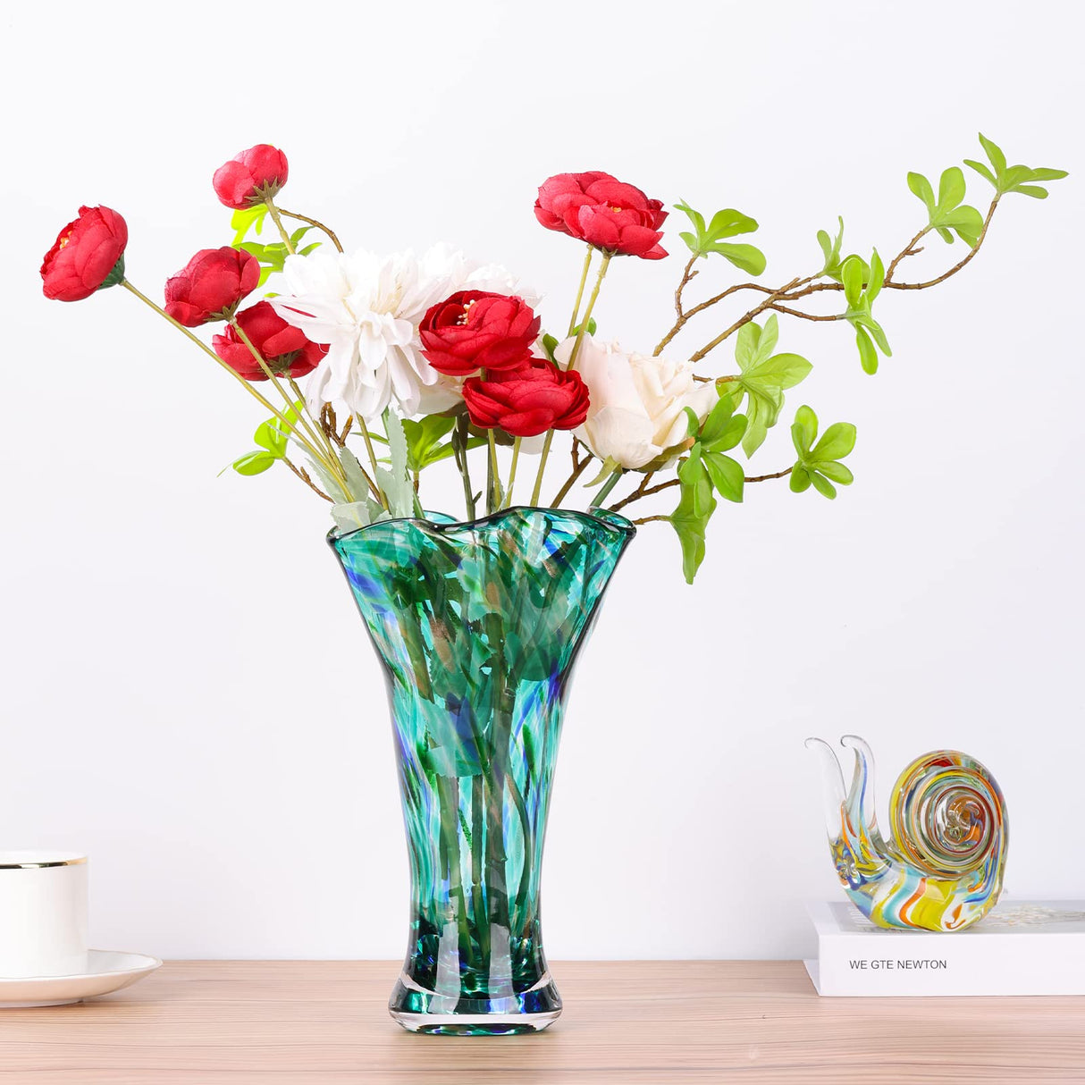 9.0" H Teal Glass Vases for Flowers, Hand Blow Glass Vase Teal Home Decor