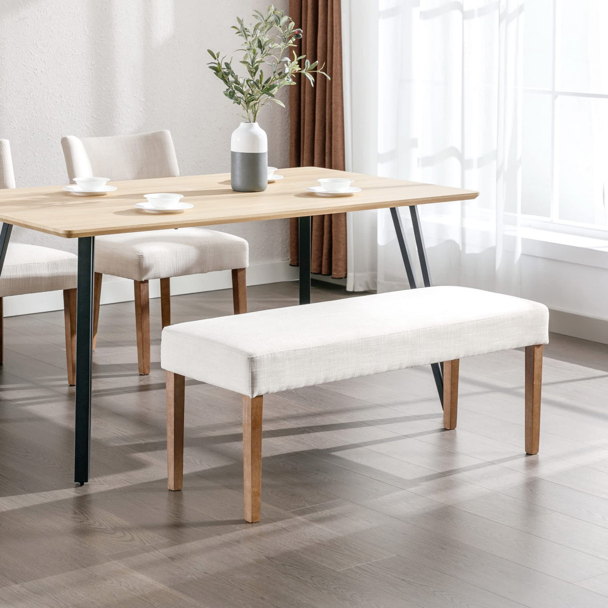 Farmhouse Linen Upholstered Dining Bench