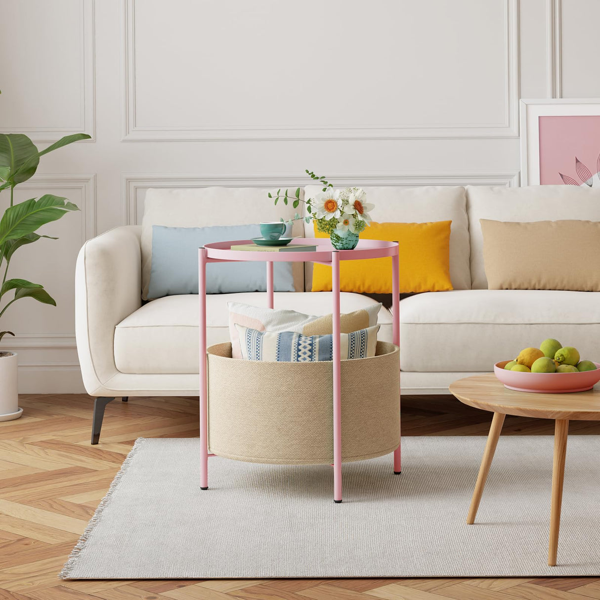 Round Side Table, Bedside Table, Pink Nightstand, Metal Side Table